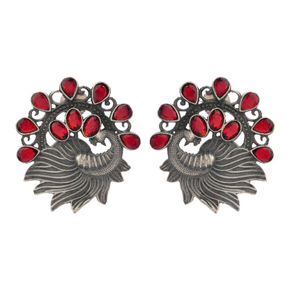 Pankhi- Silver Brass Stone-Studded Stud Earrings(Red)