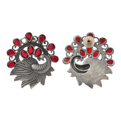 Pankhi- Silver Brass Stone-Studded Stud Earrings(Red)
