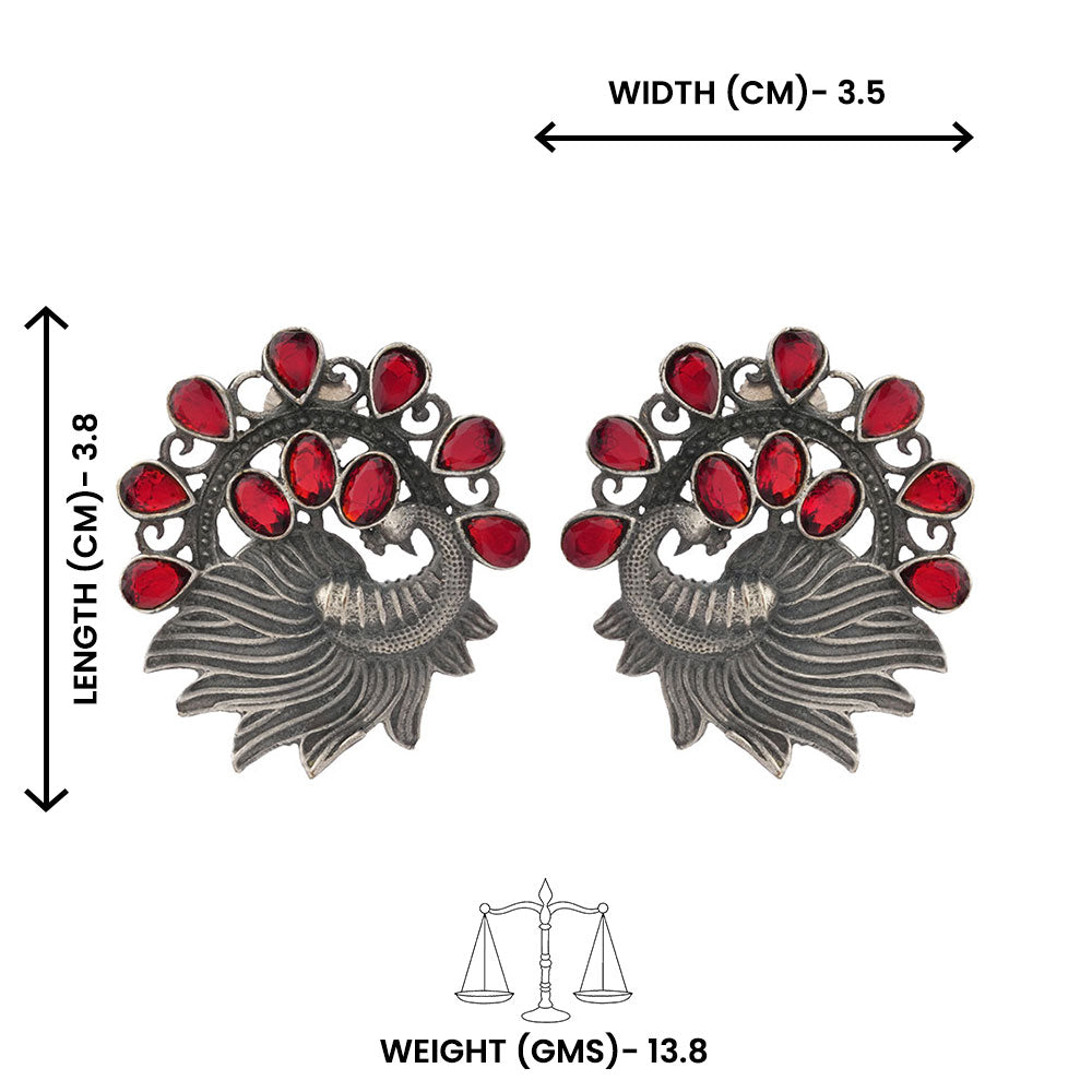 Pankhi- Silver Brass Stone-Studded Stud Earrings(Red)