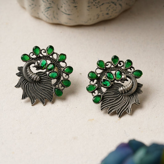 Pankhi- Silver Brass Stone-Studded Stud Earrings(Green)