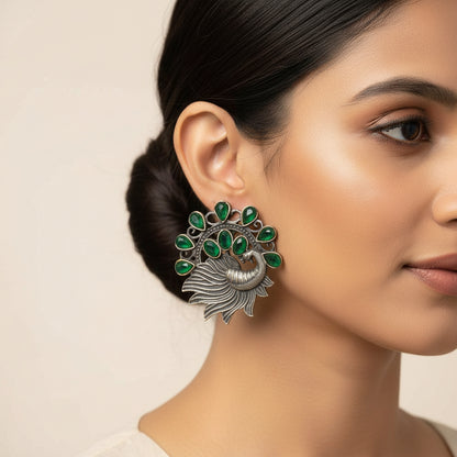Pankhi- Silver Brass Stone-Studded Stud Earrings(Green)