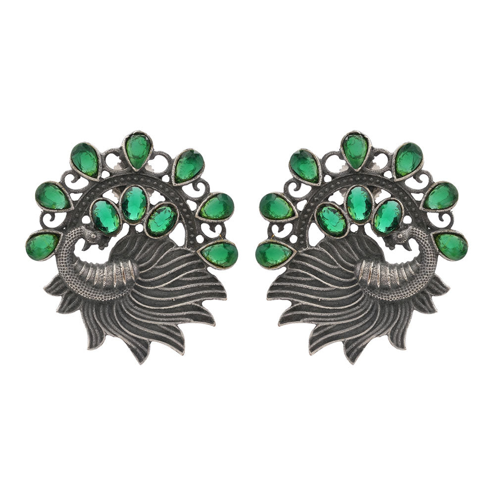 Pankhi- Silver Brass Stone-Studded Stud Earrings(Green)