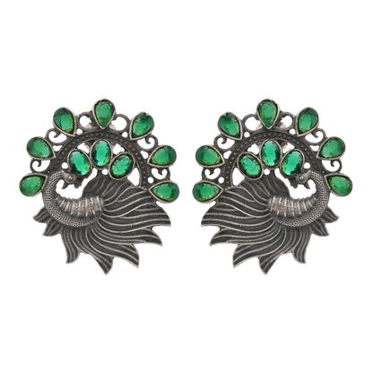 Pankhi- Silver Brass Stone-Studded Stud Earrings(Green)
