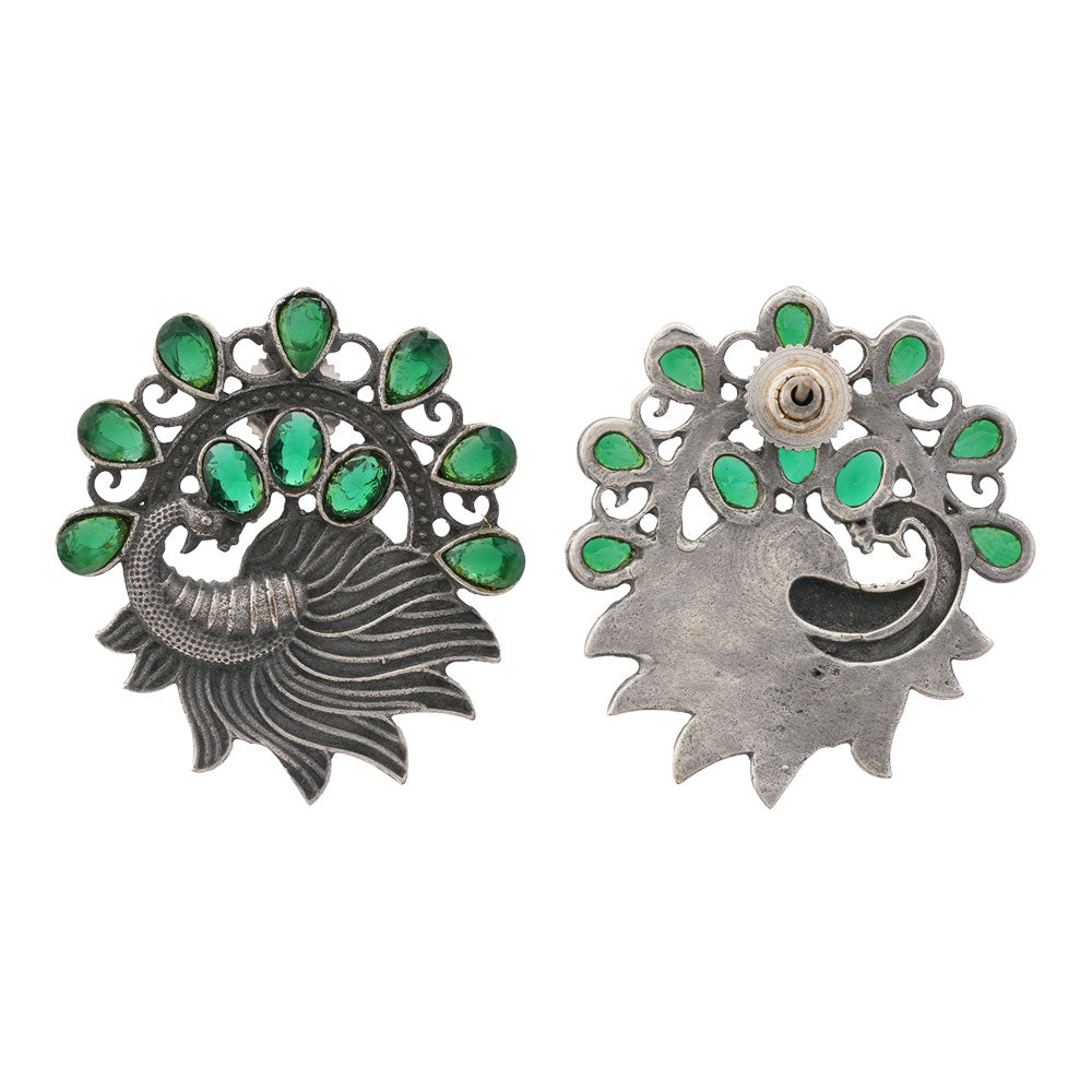 Pankhi- Silver Brass Stone-Studded Stud Earrings(Green)