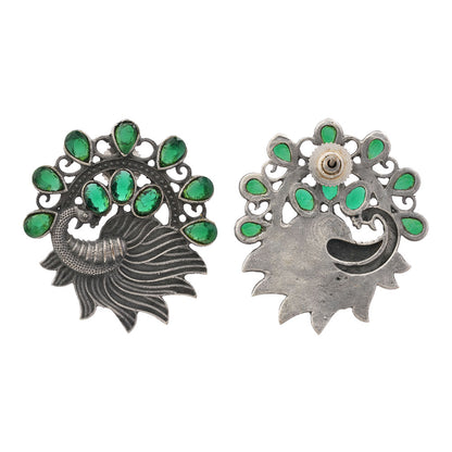 Pankhi- Silver Brass Stone-Studded Stud Earrings(Green)