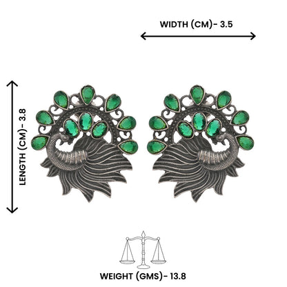 Pankhi- Silver Brass Stone-Studded Stud Earrings(Green)