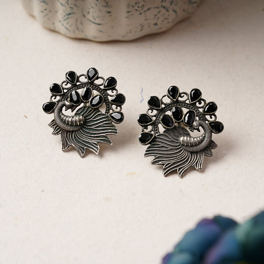 Pankhi- Silver Brass Stone Studded Stud Earrings(Black)