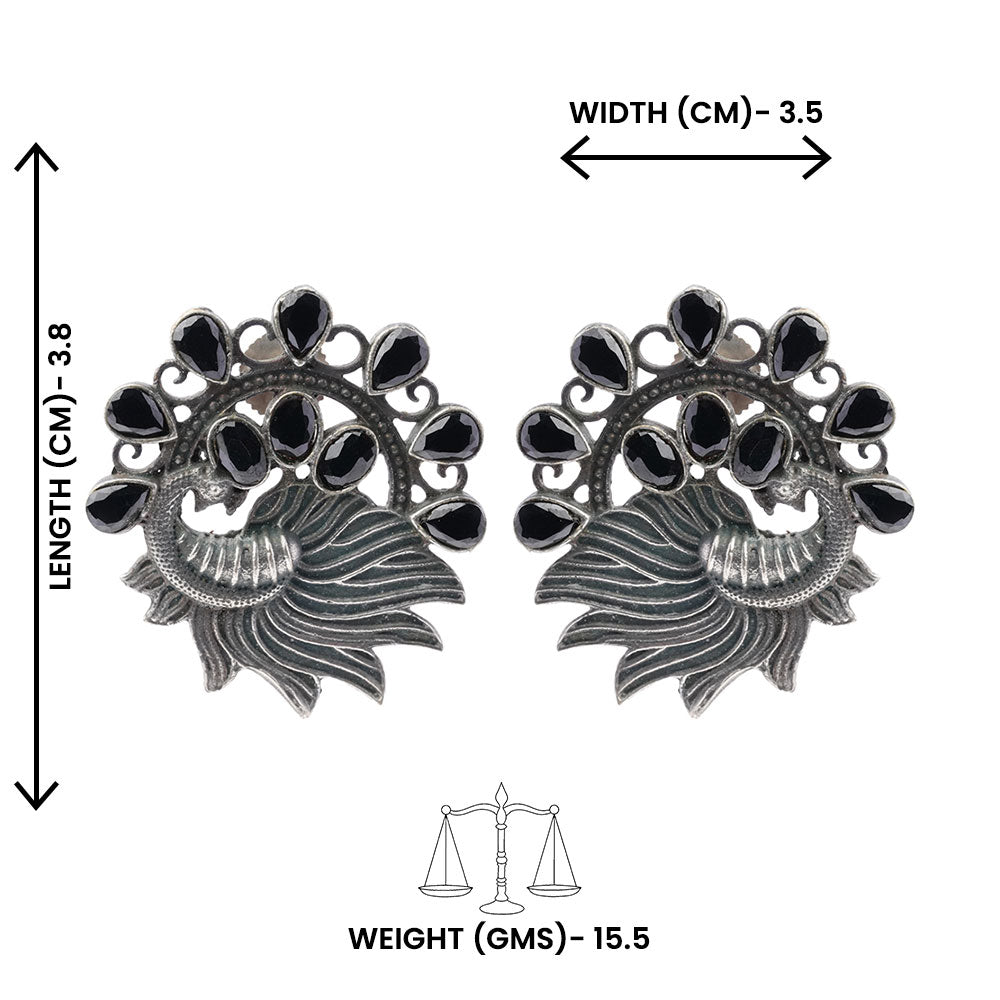Pankhi- Silver Brass Stone-Studded Stud Earrings(Black)