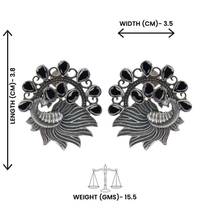 Pankhi- Silver Brass Stone-Studded Stud Earrings(Black)