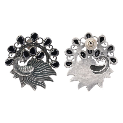 Pankhi- Silver Brass Stone-Studded Stud Earrings(Black)