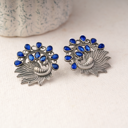 Pankhi- Silver Brass Stone-Studded Stud Earrings(Blue)