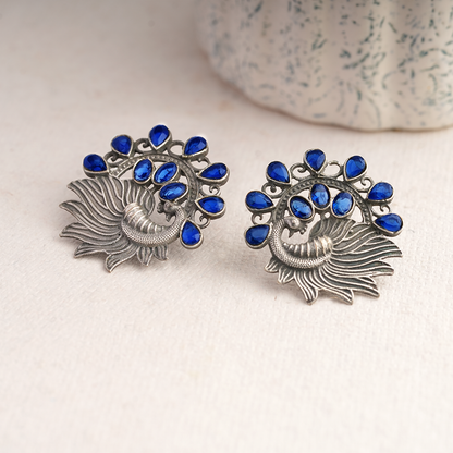 Pankhi- Silver Brass Stone-Studded Stud Earrings(Blue)