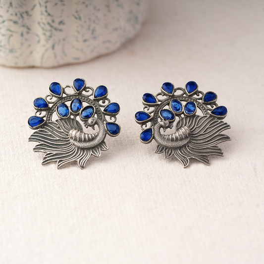 Pankhi- Silver Brass Stone-Studded Stud Earrings(Blue)