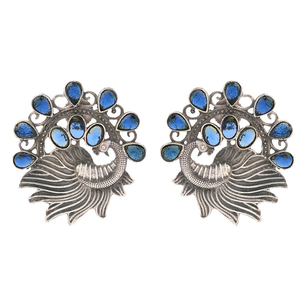 Pankhi- Silver Brass Stone-Studded Stud Earrings(Blue)