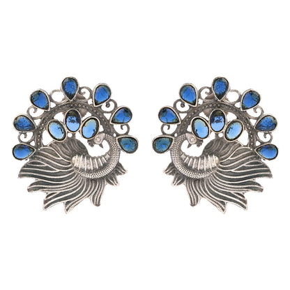Pankhi- Silver Brass Stone-Studded Stud Earrings(Blue)