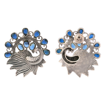 Pankhi- Silver Brass Stone-Studded Stud Earrings(Blue)