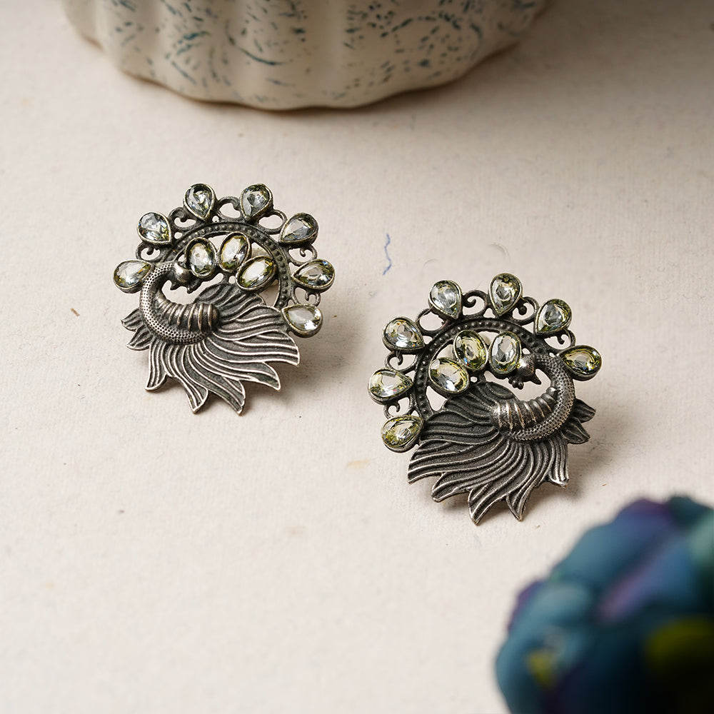 Pankhi- Silver Brass Stone-Studded Stud Earrings(White)