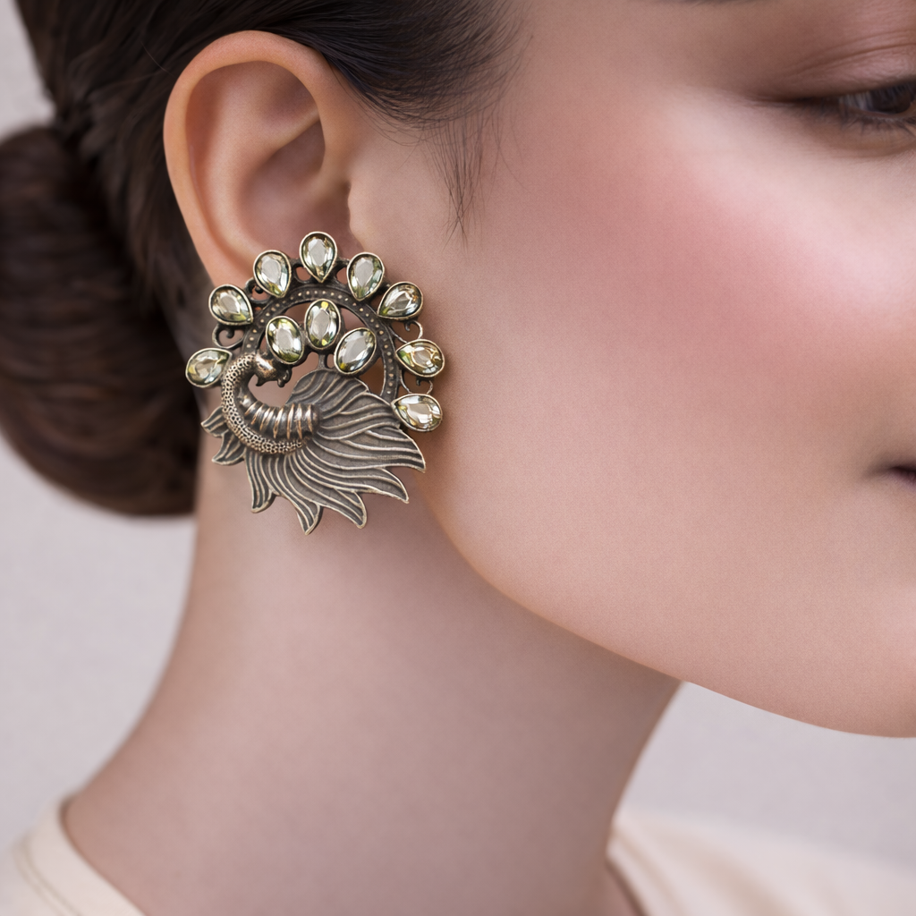 Pankhi- Silver Brass Stone-Studded Stud Earrings(White)