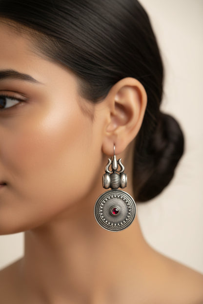 Trishool- Silver Brass Oxidised dangler earrings(Red)