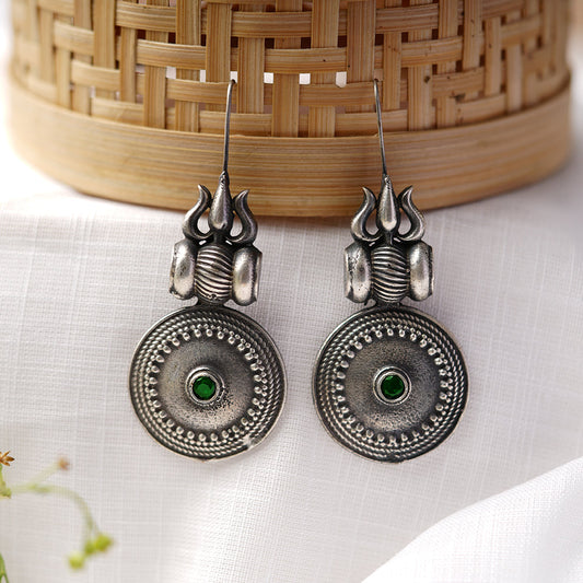 Trishool- Silver Brass Oxidised dangler earrings(Green)