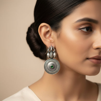 Trishool- Silver Brass Oxidised dangler earrings(Green)