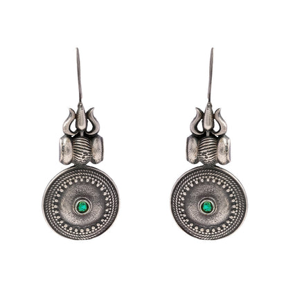 Trishool- Silver Brass Oxidised dangler earrings(Green)