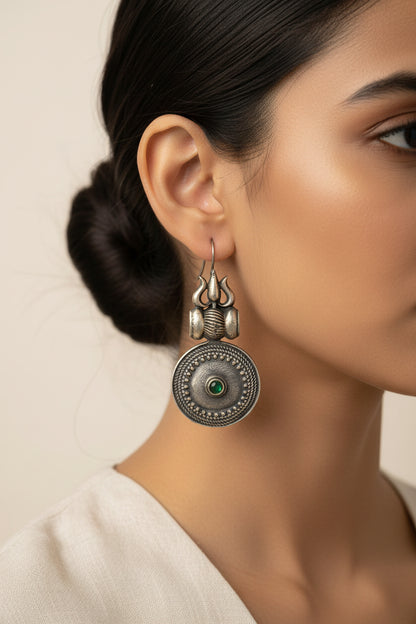 Trishool- Silver Brass Oxidised dangler earrings(Green)