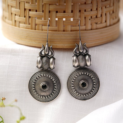 Trishool- Silver Brass Oxidised dangler earrings(Blue)