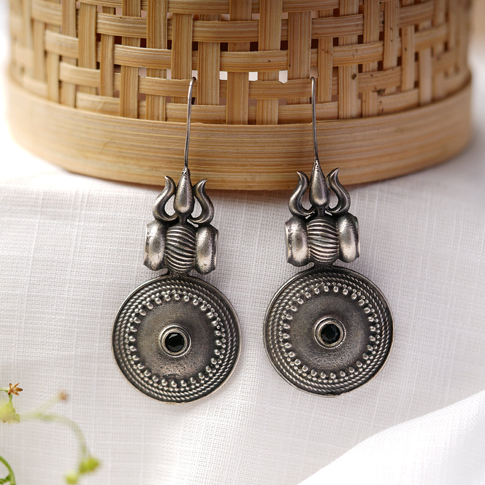 Trishool- Silver Brass Oxidised dangler earrings(Black)