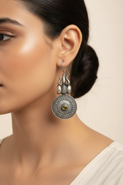 Trishool- Silver Brass Oxidised dangler earrings(Blue)