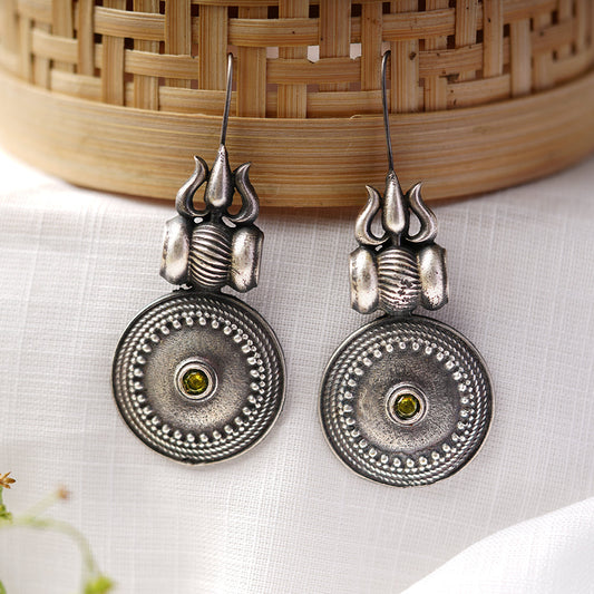 Trishool- Silver Brass Oxidised dangler earrings(White)