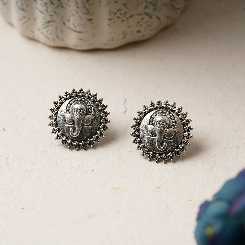 Gajanana- Silver Brass Oxidised stud Earrings