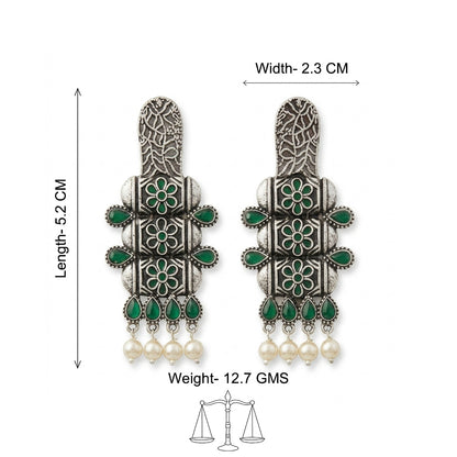 ManiStambh – Silver Brass Oxidised Dangler Earrings (Green)