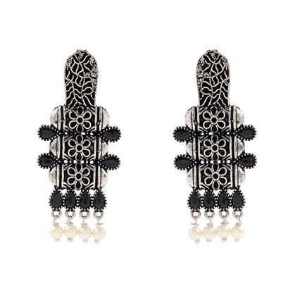 ManiStambh – Silver Brass Oxidised Dangler Earrings (Black)