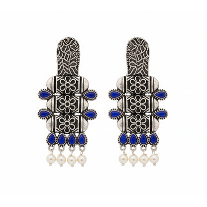 ManiStambh – Silver Brass Oxidised Dangler Earrings (Blue)