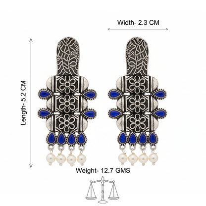 ManiStambh – Silver Brass Oxidised Dangler Earrings (Blue)