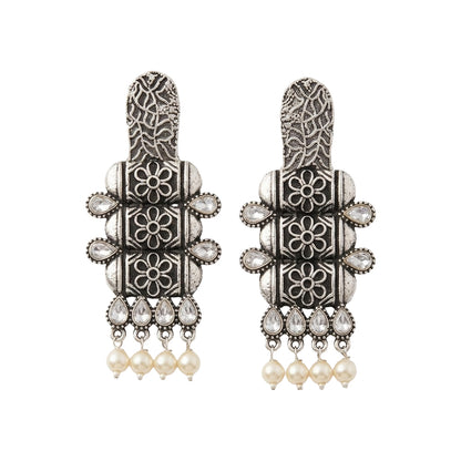 ManiStambh – Silver Brass Oxidised Dangler Earrings (White)