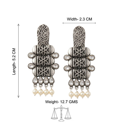 ManiStambh – Silver Brass Oxidised Dangler Earrings (White)
