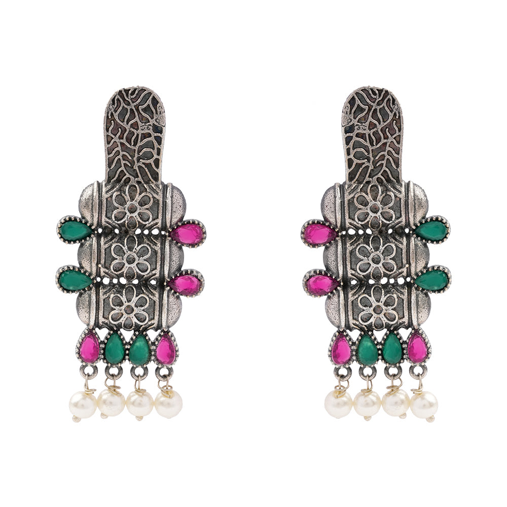 ManiStambh – Silver Brass Oxidised Dangler Earrings (Multicolored)