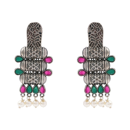 ManiStambh – Silver Brass Oxidised Dangler Earrings (Multicolored)