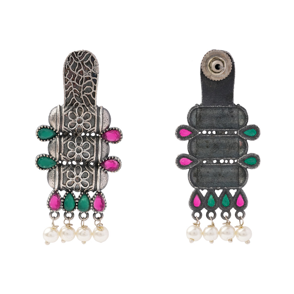 ManiStambh – Silver Brass Oxidised Dangler Earrings (Multicolored)