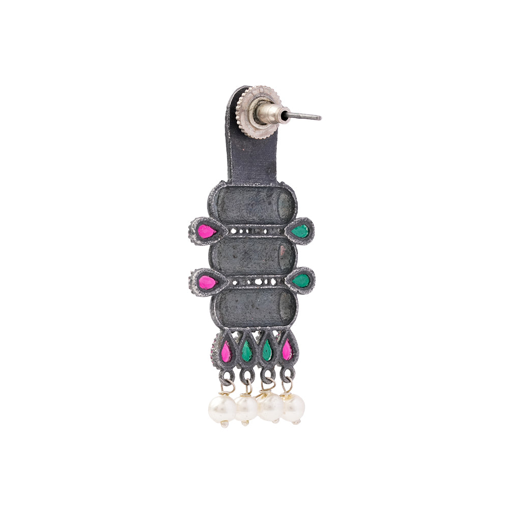 ManiStambh – Silver Brass Oxidised Dangler Earrings (Multicolored)