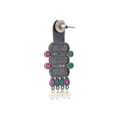 ManiStambh – Silver Brass Oxidised Dangler Earrings (Multicolored)