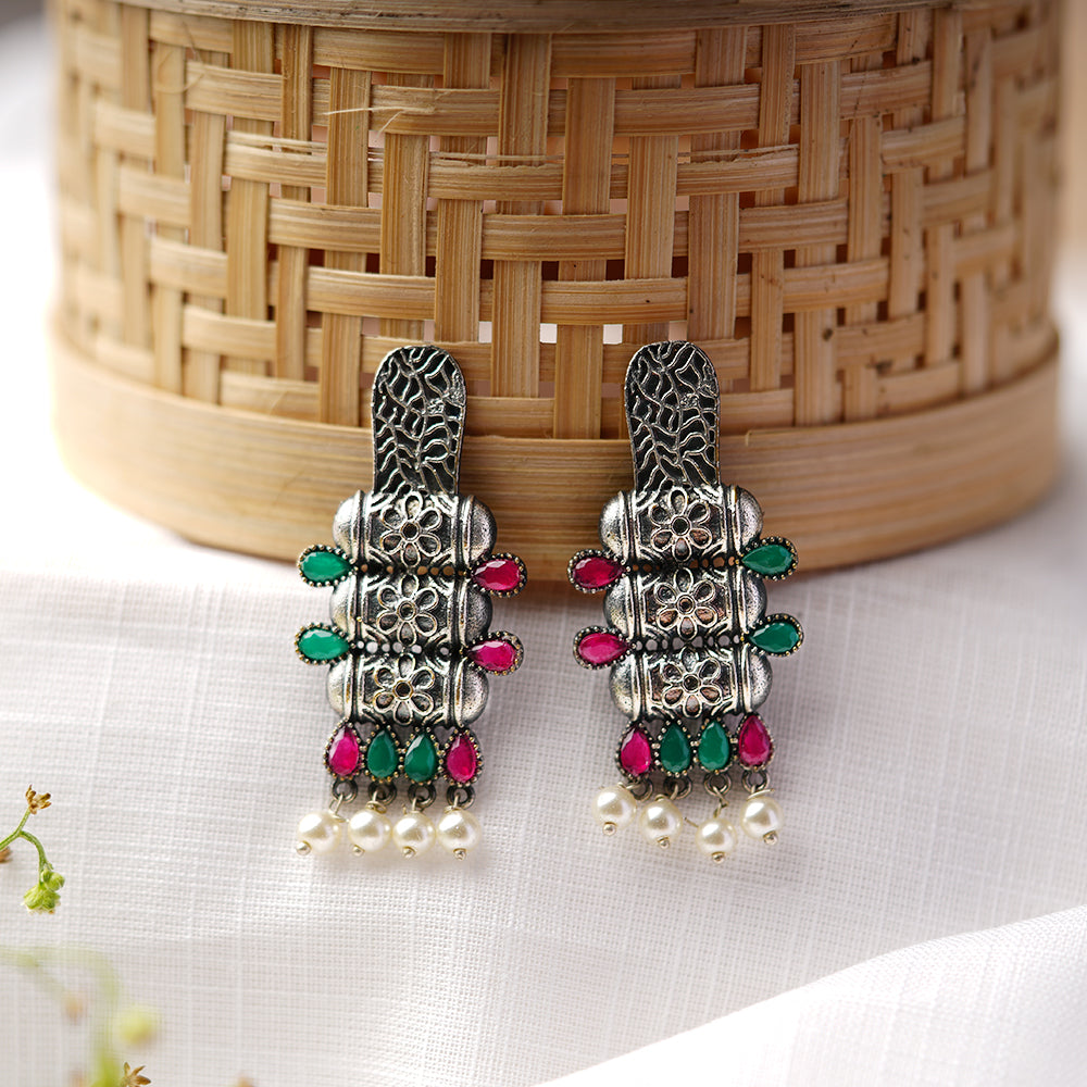 ManiStambh – Silver Brass Oxidised Dangler Earrings (Multicolored)