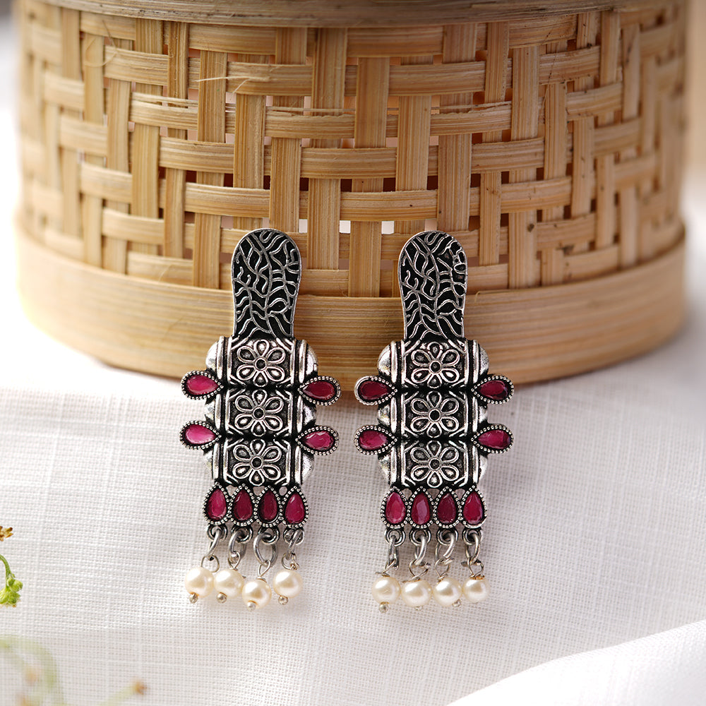 ManiStambh – Silver Brass Oxidised Dangler Earrings (Red)