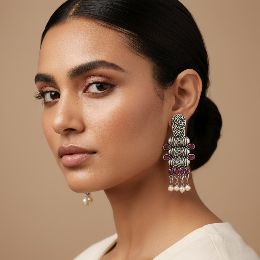 ManiStambh – Silver Brass Oxidised Dangler Earrings (Red)