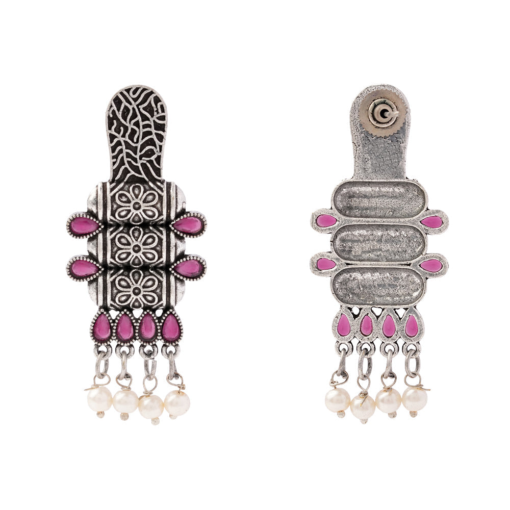 ManiStambh – Silver Brass Oxidised Dangler Earrings (Red)