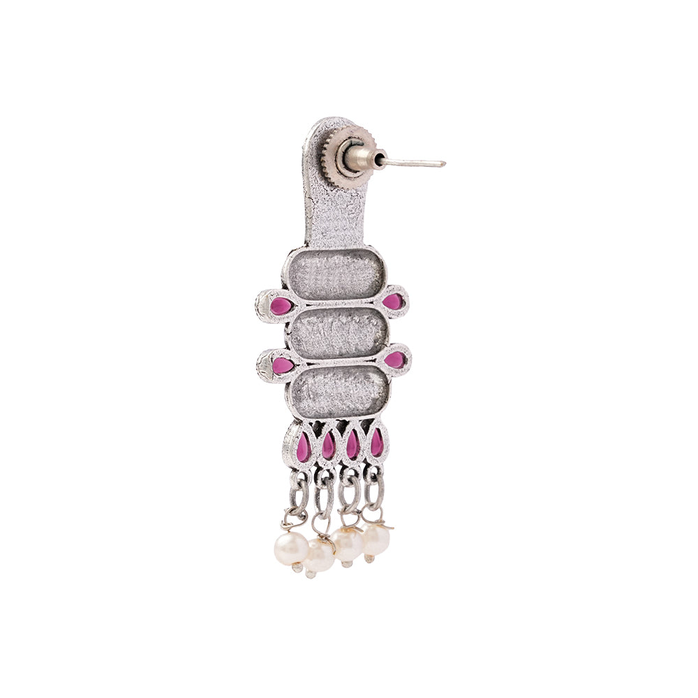 ManiStambh – Silver Brass Oxidised Dangler Earrings (Red)