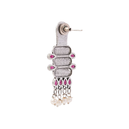 ManiStambh – Silver Brass Oxidised Dangler Earrings (Red)