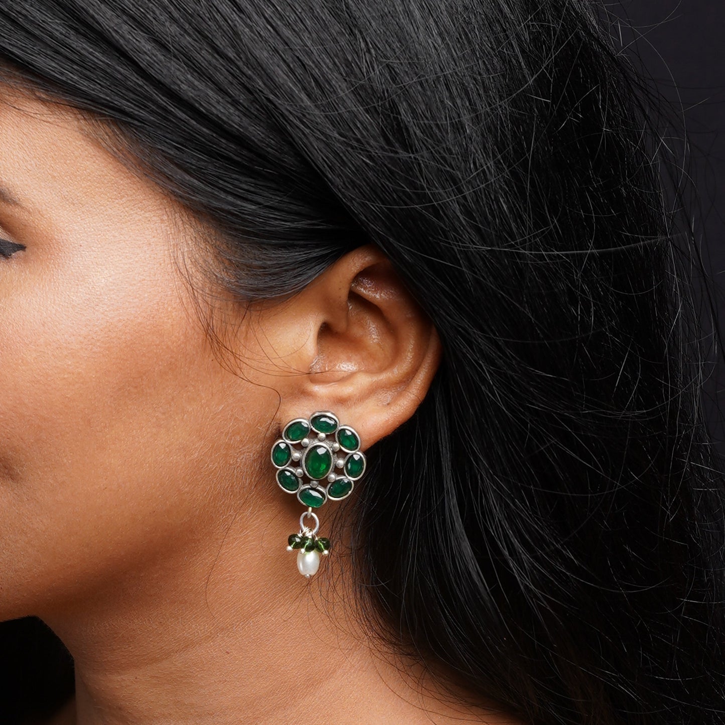 Harit- Silver Brass Stone-Studded Stud Earrings